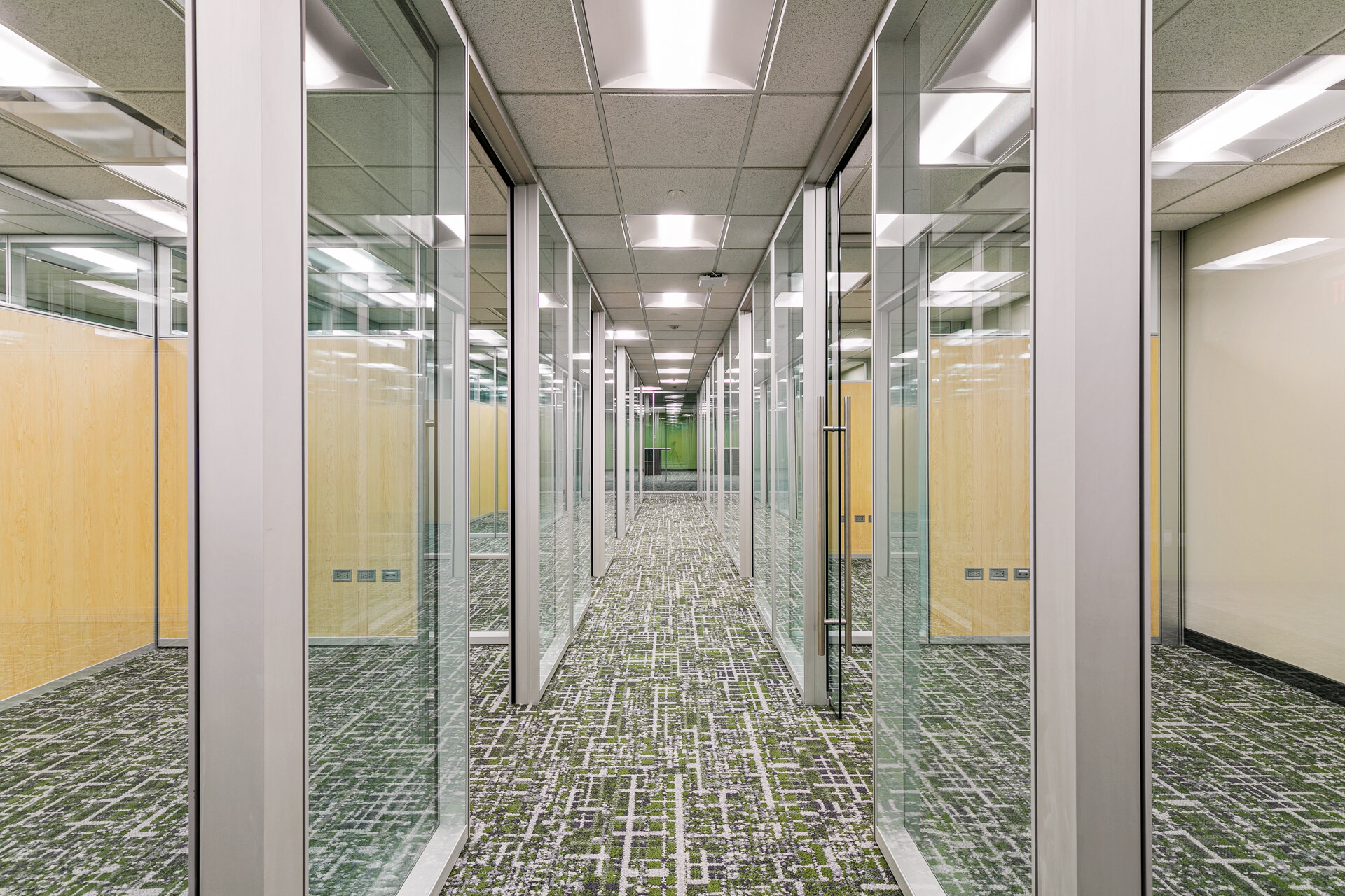 Deep perspective down a glass-walled office corridor with patterned carpet and wood accents — commercial construction by Skoda Construction, Northeast Ohio