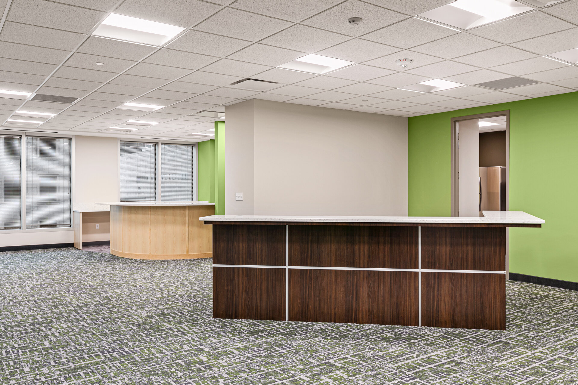 Modern corporate reception area with glass-walled offices and patterned carpet — commercial office build-out by Skoda Construction, Northeast Ohio