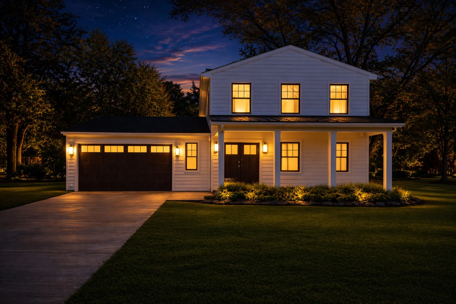 Same Skoda Construction custom home in Chagrin Falls — illuminated at night