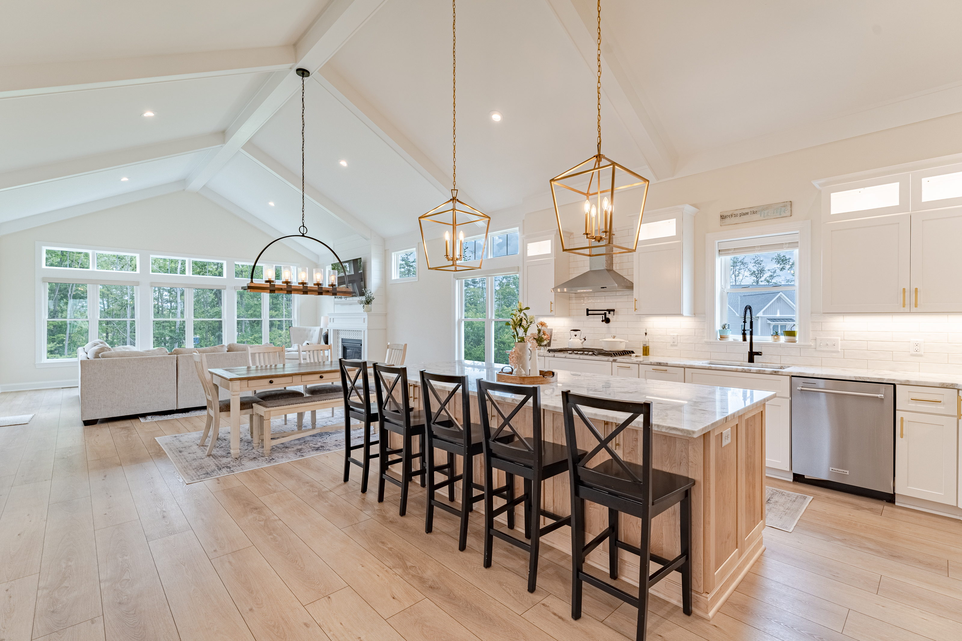 Master bathroom with dual vanity, black-framed mirrors, glass vanity lights, quartz countertop, and wide-plank hardwood floors — new home by Skoda Construction, Northeast Ohio