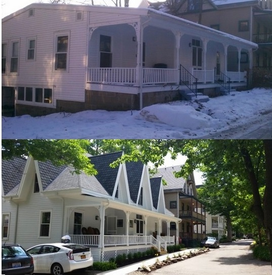 Before and after: Home exterior restoration — winter damage to fully renovated property by Skoda Construction